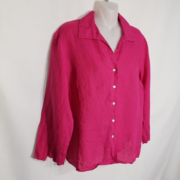 Talbots Womens Top Size 12 100% Irish Linen Hot Pink 3/4 Sleeve Button Up Blouse - Picture 4 of 8